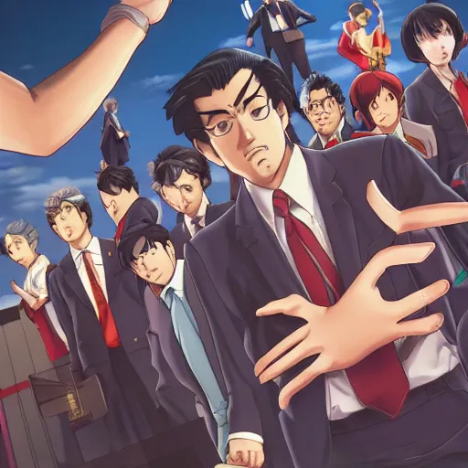 Prompt: phoenix wright objecting on the supreme court, by hayao miyazaki and yusuke murata and makoto shinkai and ross tran, intricate detail, cinematic, 8 k, cel shaded, unreal engine, featured on artstation, pixiv