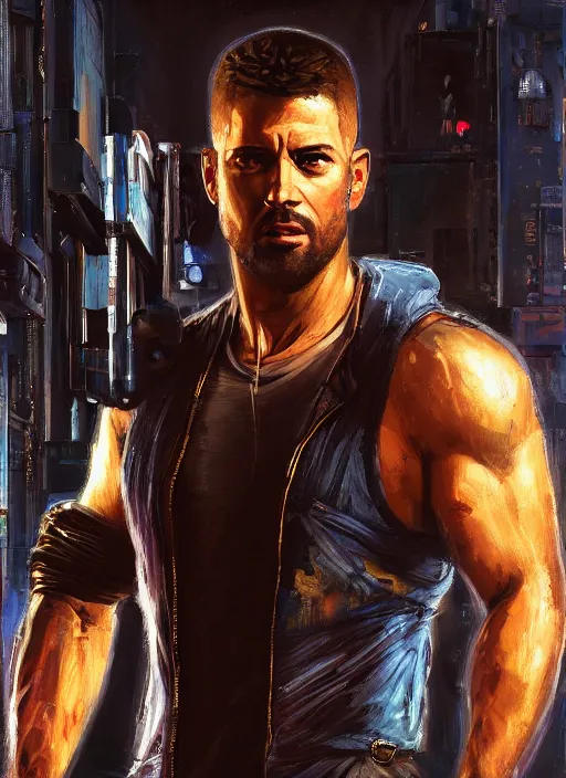 Image similar to buff joe. cyberpunk mercenary in a cyberpunk jumpsuit ( blade runner 2 0 4 9, cyberpunk 2 0 7 7 ). orientalist portrait by john william waterhouse and james gurney and theodore ralli and nasreddine dinet, oil on canvas. cinematic, hyper realism, realistic proportions, dramatic lighting, high detail 4 k