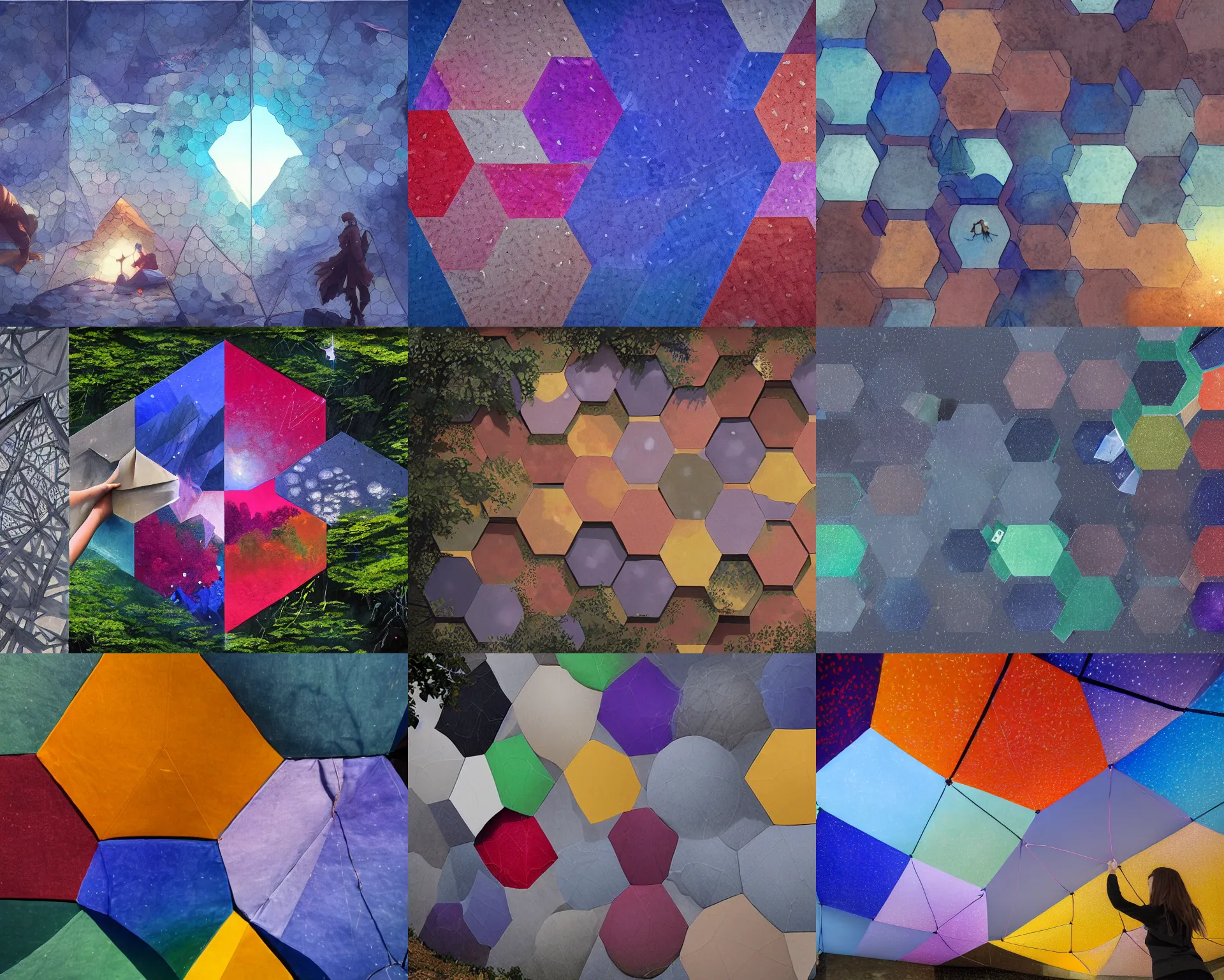 Prompt: artists placing a hexagon shaped tarp on a wall of different seasons and dimensions, magnificent, close up, details, sharp focus, elegant, highly detailed, illustration, by Jordan Grimmer and greg rutkowski and PiNe(パイネ) and 薯子Imoko and 香川悠作 and wlop and maya takamura, intricate, beautiful, Trending artstation, pixiv, digital Art