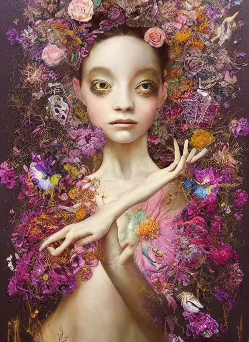 Image similar to a painting of a ballerina surrounded by flowers, a surrealist painting by yoann lossel, trending on cgsociety, pop surrealism, made of flowers, cosmic horror, lovecraftian, directed gaze