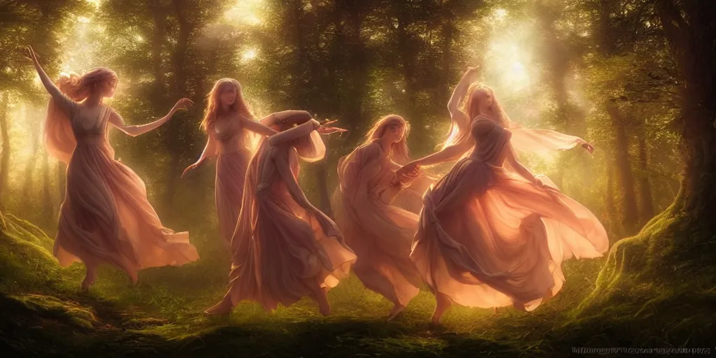 Prompt: masterpiece ephemeral elven girls dancing in the woods at dusk, by rossdraws, face by artgerm and edmund leighton, majestic, volumetric lighting, porcelain skin, photorealistic, intricate, trending on artstation 8 k