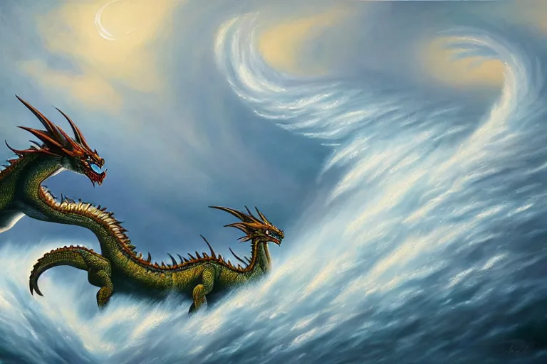 Image similar to a vast oil painting of two storm dragons dueling above the snowy peaks, hyper realistic, vivid, highly detailed, many colors