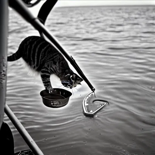 Image similar to fisherman cat, cat fishing from boat, 35 mm photo