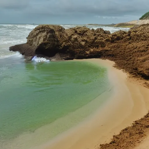 Prompt: a beach with green sand, 3 5 mm, realistic