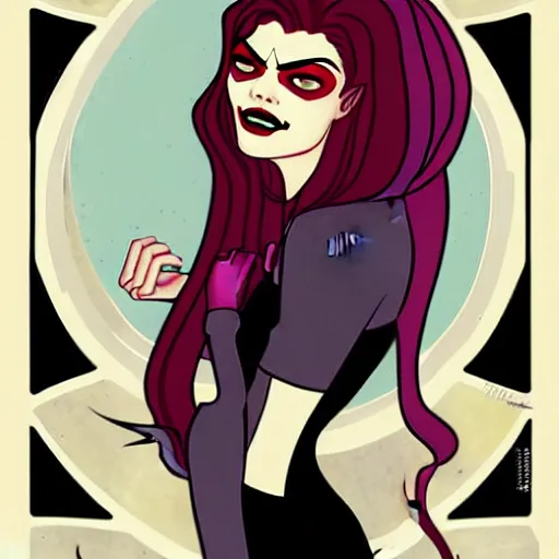 Prompt: Jamie McKelvie comic art, art nouveau, loish, Alphonse Mucha, pretty female Samara Weaving vampire, very sharp vampire fangs teeth, bloody face, sarcastic smile, symmetrical eyes, symmetrical face, brown leather jacket, jeans, long black hair, full body, bright colors, highly saturated