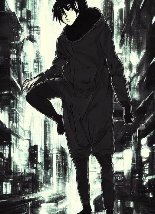 Image similar to manga cover, black-haired man wearing a black hoodie, thin beard stubble, short hair, intricate cyberpunk city, emotional lighting, character illustration by tatsuki fujimoto