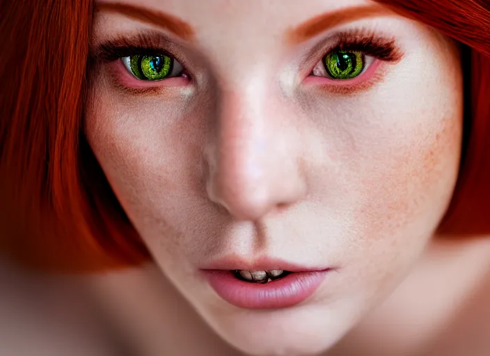 Image similar to 5 5 mm portrait photo of a redhead woman's face with ( intricate cat eyes )!!. highly detailed 8 k. intricate. lifelike. soft light. nikon d 8 5 0. cinematic post - processing