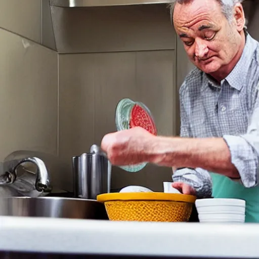 Prompt: bill murray washing dishes,