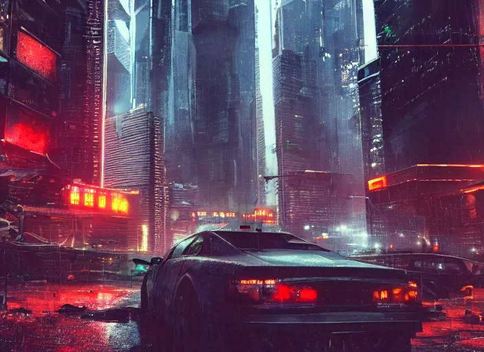 Prompt: Photograph of a gritty cyberpunk scene in rain, police arresting cyborgs, skyscrapers and flying cars in background,