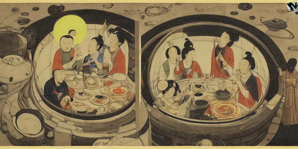 Prompt: Eating hot pot in the space station with Saturn outside the round window, in style of Tang Yin, Zhang Daqian, Yoshitomo Nara, surrealist