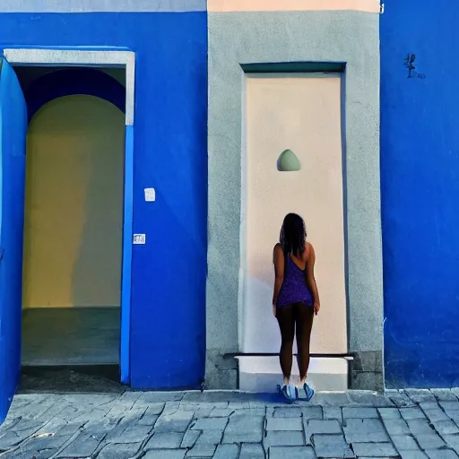 Image similar to a woman facing a blue portal on the street, which shows a beach at sunset