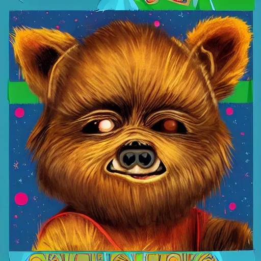 Image similar to cute ewok childrens book cover, colourful, digital art