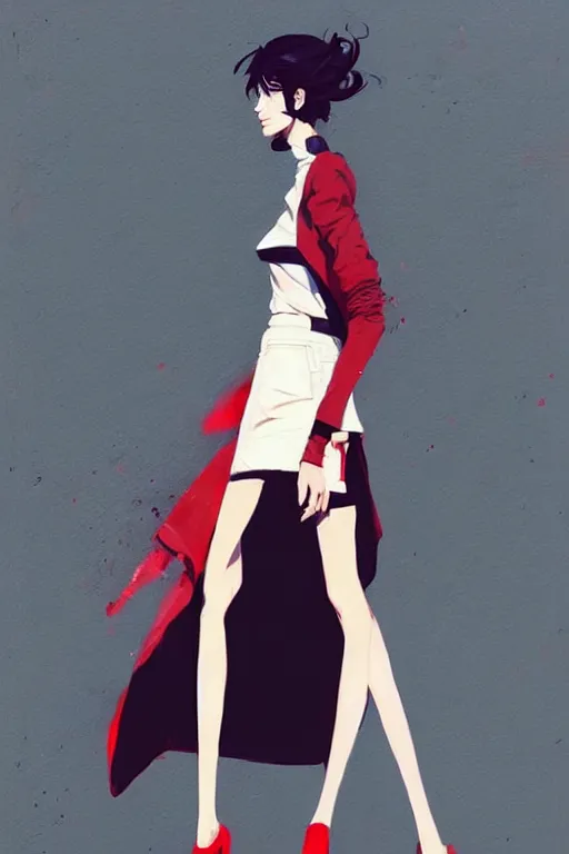 Image similar to a ultradetailed painting of a stylish woman wearing a grey jacket with red skirt, by conrad roset, greg rutkowski and makoto shinkai trending on artstation