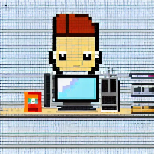 Image similar to pixel art of programmer in front of his computer station, pixel art, detailed, ideal symmetry, perfect pixel alignment, 8 k,