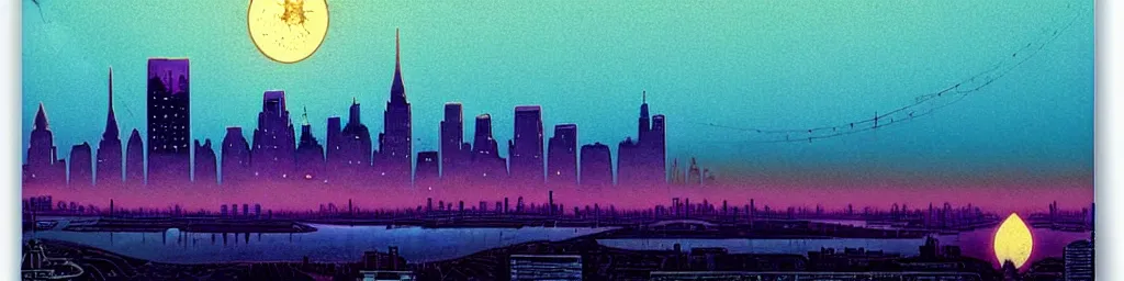 Image similar to A light blue star sinking behind a modern city skyline by Dan Mumford and Dean Ellis and John Atkinson Grimshaw and Anton Fadeev, sunset, purple sky, art nouveau