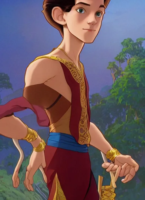 Image similar to skinny young tom holland as prince ali ababwa, cinematic lighting, path traced, highly detailed, high quality, beautiful digital painting, by don bluth and ross tran and studio ghibli and alphonse mucha, artgerm