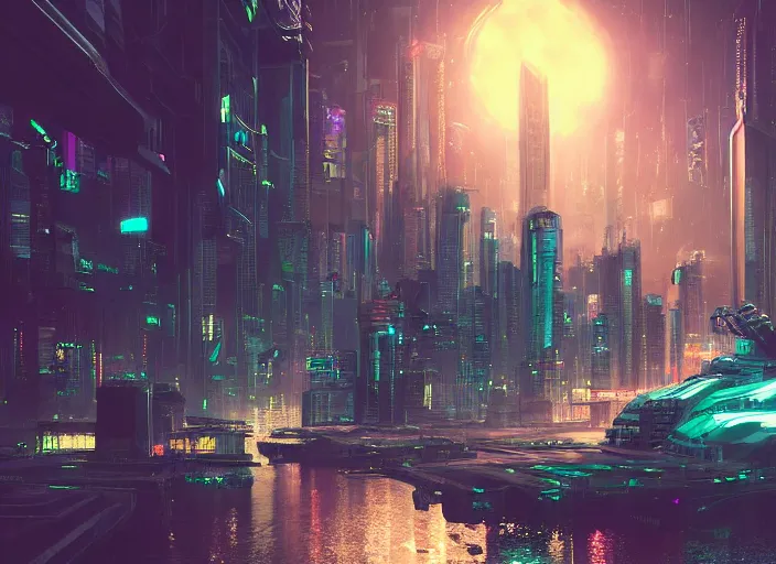 Image similar to cyberpunk city on a floating island at night by wlop, key visual, high detail, digital art