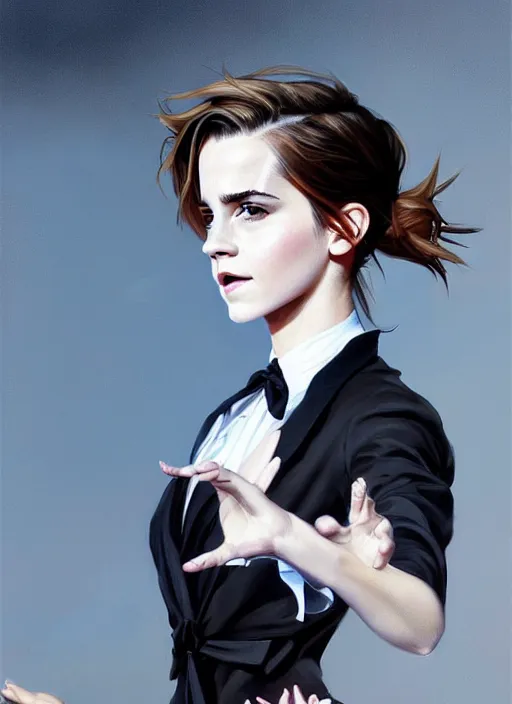 Image similar to a ultradetailed beautiful panting of emma watson wearing a stylish shirt with a tie, she has black hair, dancing, background explosion, by jesper ejsing, ilya kuvshinov, greg rutkowski on artstation