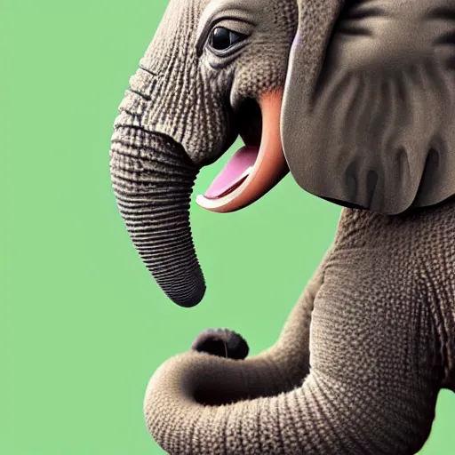 Image similar to a closeup photorealistic photograph of a cute smiling knitted baby elephant, professional capture, well lit shot. this 4 k hd image is trending on artstation, featured on behance, well - rendered, extra crisp, features intricate detail, epic composition and the style of unreal engine.