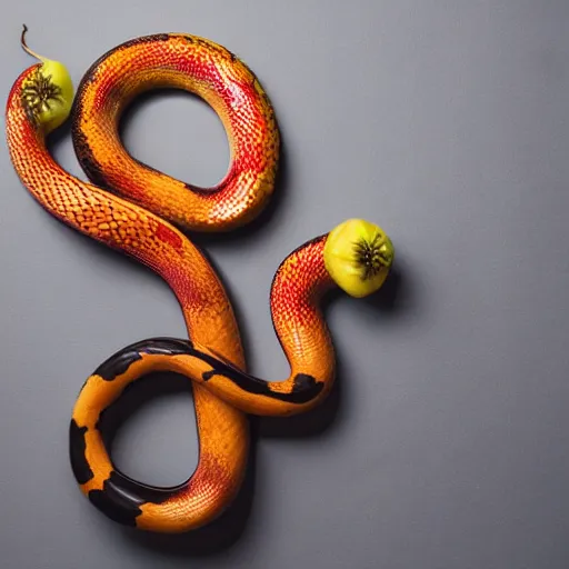 Prompt: award winning studio photography of a snake with weird fruit, studio lighting, solid background