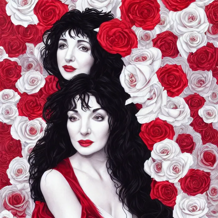 Image similar to portrait of kate bush against a red velvet background, lush black hair, pale skin, white roses, flowing material, intricate, beautiful cinematic lighting, stuning painting by artgerm and android jones