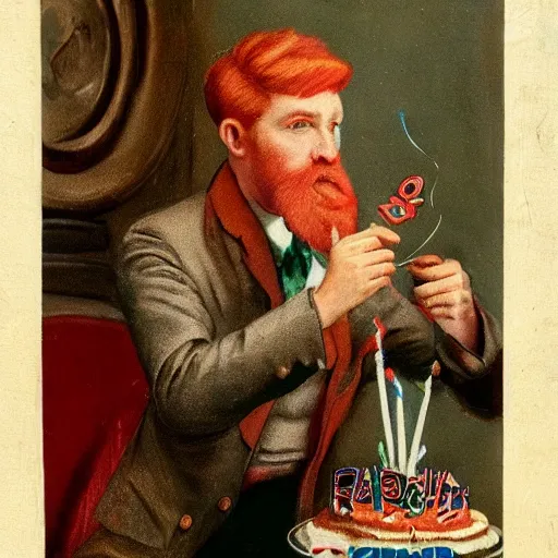 Prompt: Red haired man, dressed with a turbant, with a birthday cake