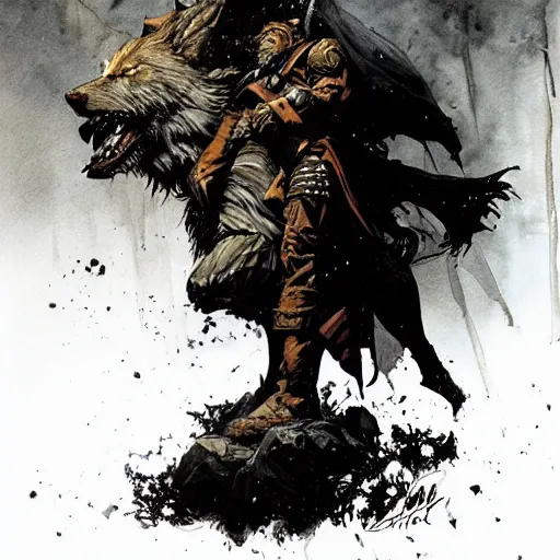 Image similar to king of the wolves. By Travis Charest, James Gurney, and Ashley Wood. dramatic lighting. Magic the gathering. digital painting.