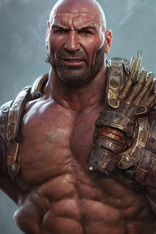 Image similar to ultra realistic illustration,, a hulking herculean dave bautista with leather armour, from doom and warhammer, intricate, elegant, highly detailed, digital painting, artstation, concept art, smooth, sharp focus, illustration, art by artgerm and greg rutkowski and alphonse mucha