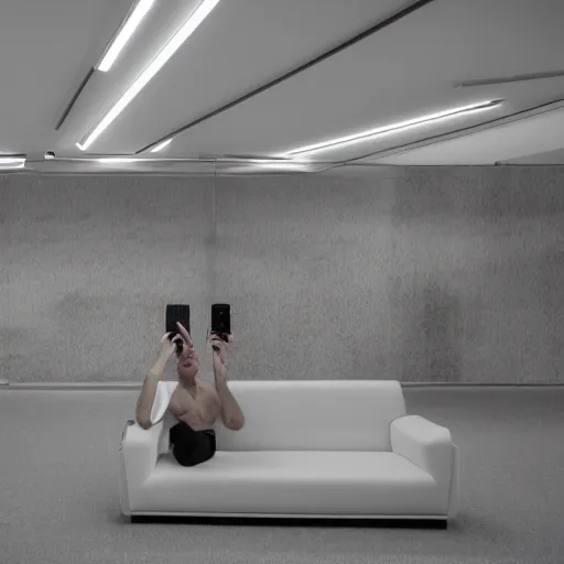 Image similar to a man taking a selfie in a large minimalistic concrete room upholstered sofas fluorescent ceiling lighting and a rectangular water feature in the center, a tilt shift photo by leandro erlich, featured on cg society, kitsch movement, hall of mirrors, high dynamic range, studio portrait