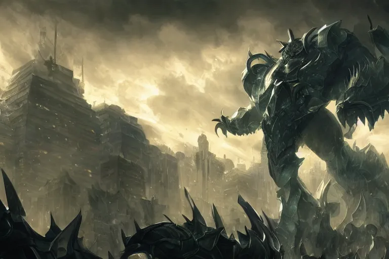 Image similar to amazinglong shot of galio from league of legends protecting new york, deiv calviz, splash art, natural light, elegant, intricate, fantasy, atmospheric lighting, by greg rutkowski, league of legends splash art, hd wallpaper, ultra high details