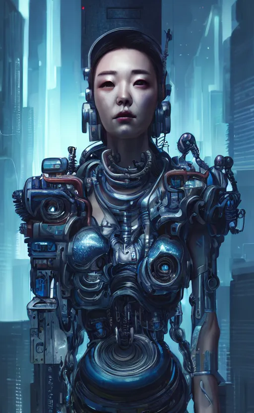 Image similar to a hyper detailed octane render concept art by xision wu, kerem beyit, sandara tang portrait of cyberpunk cyborg, dim lighting, detailed portraits, unreal engine 5, highly rendered,, digital painting, artstation, concept art, smooth, sharp focus perfect horizontal ， symmetry illustration, detailed and intricate environment artstation hq