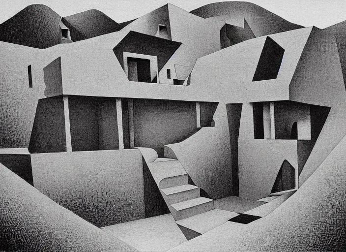 Prompt: a house in a desert landscape, painting by mc escher, very detailed, illusion, beautiful