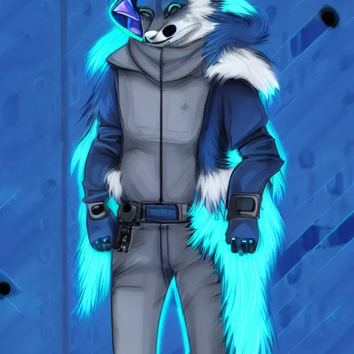 Prompt: an anthro anthropomorphic furry fursona hybrid of a blue german shepherd and a blue fox, with blue fur and blue eyes in a cyberpunk outfit, walking in cyberpunk neon streets, award winning digital art, trending on furaffinity, artstation, pixiv