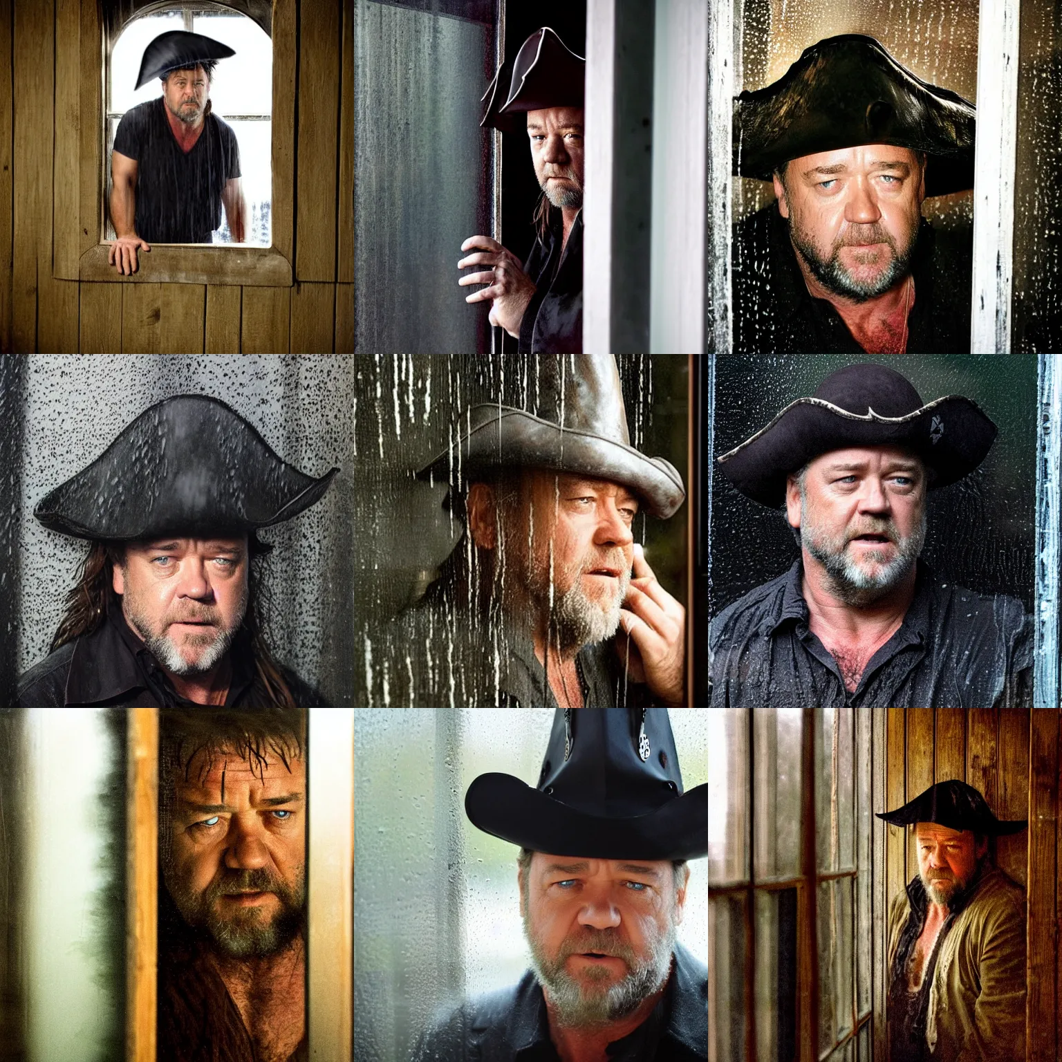 Prompt: obscured by window, concerned russell crowe wearing a big pirate hat standing behind a rainy dirty window and wooden wall peering out towards the camera