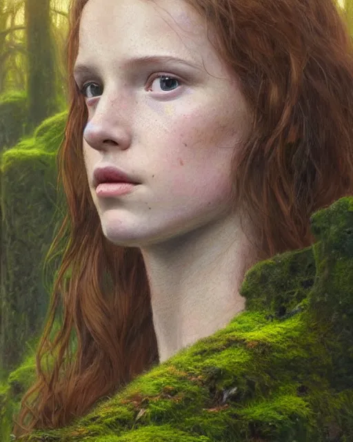 Prompt: a well - lit, realistic close - up portrait painting of a thoughtful girl resembling a young, shy, redheaded irish alicia vikander or millie bobby brown in moss - covered ancient stone ruins at sunset, highly detailed, intricate, concept art, artstation, by donato giancola, ron cobb, and artgerm