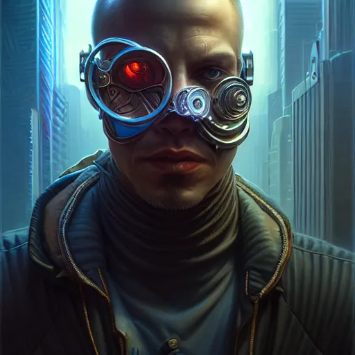 Prompt: front shot of a cyberpunk criminal character, intricate, elegant, highly detailed, centered, digital painting, artstation, concept art, smooth, sharp focus, illustration, artgerm, Tomasz Alen Kopera, Peter Mohrbacher, donato giancola, Joseph Christian Leyendecker, WLOP, Boris Vallejo