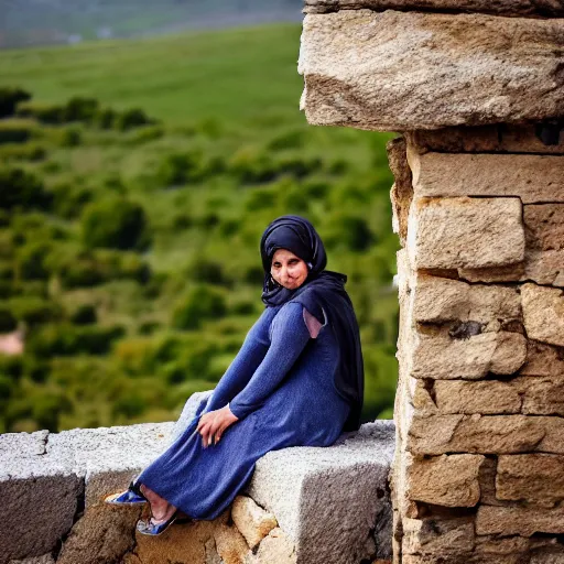 Prompt: a woman sitting on top of a stone wall, a character portrait by taravat jalali farahani, pexels contest winner, dau - al - set, photo taken with nikon d 7 5 0, dslr, studio portrait