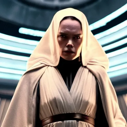 Image similar to movie still of daisy ridley as sith empress wearing a black satin robe and metal belt with make up as if she was crying, sweaty, detailed eyes, neutral expression, shallow depth of field, photorealistic, cinematic lighting, lovely bokeh, dark moody light, strong rim light, movie quality, star wars