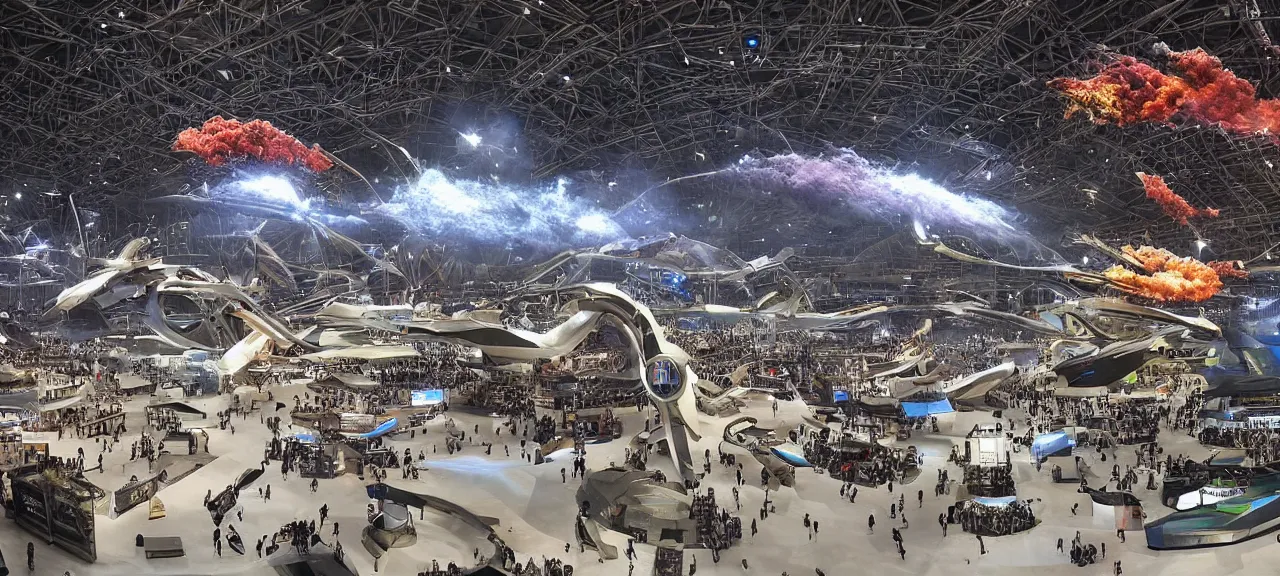 Prompt: A view of the world biggest exhibition of futuristic weapons, showcases full of interesting incredible mechanisms and components, photorealistic image, lighting from spotlights, reflections, refractions, volumetric smoke, pyroshow, physics, wow atmosphere