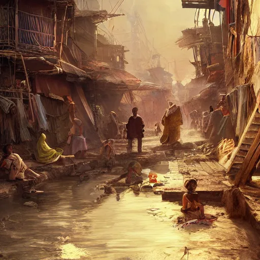 Image similar to slum neighborhood in lord of the ring world, fantasy, on artgerm, ilya yefimovich repin style, hyperrealistic content, high definition content, intricate, delete duplicate content, justify content center, ultra detailed content, realistic human content, 5 dark tone colors