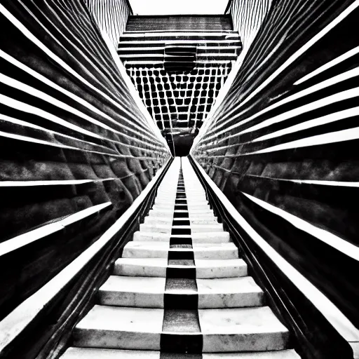 Image similar to black and white surreal photograph, highly detailed vast space made of stairsteps, sideview, detailed textures, natural light, mist, architecture photography, film grain, soft vignette, sigma 1 4 mm f / 1. 4 1 / 1 0 sec shutter, imax 7 0 mm footage