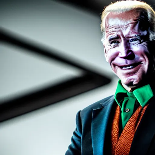 Prompt: Joe Biden as The Joker in Batman, BluRay, film grain, EOS-1D, f/1.4, ISO 200, 1/160s, 8K, RAW, symmetrical balance, in-frame, Dolby Vision