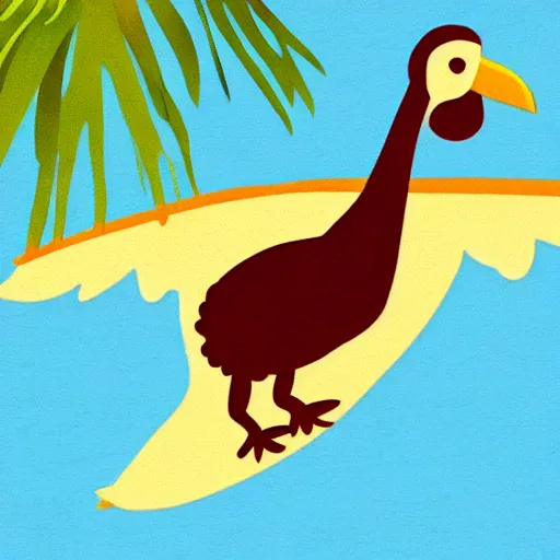 Prompt: cute illustration of a dodo bird surfing. super cute. tropical. colorful.