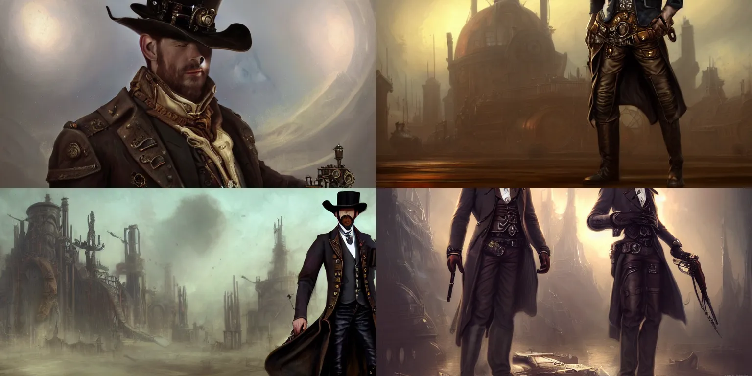 Image similar to full-length portrait of a noble gunslinger gentleman in hat in the center, holding arms on holsters , matte painting of steampunk spaceship on background, by tyler edlin and lindsey look, victorian, concept art, brutal, steam romance, steam-punk, detailed, 4k resolution, trending on artstation