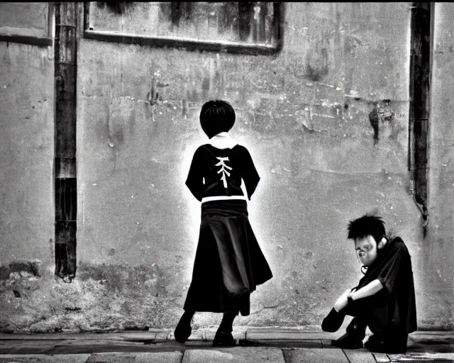 Image similar to Punk rocker, wide shot, street photography, by Fan Ho