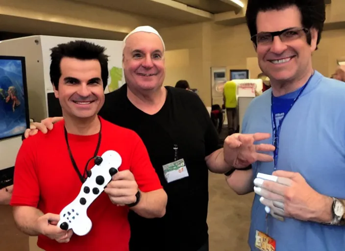 Prompt: tommy tallarico posing with the pope holding an intellivision controller at electronic gaming expo