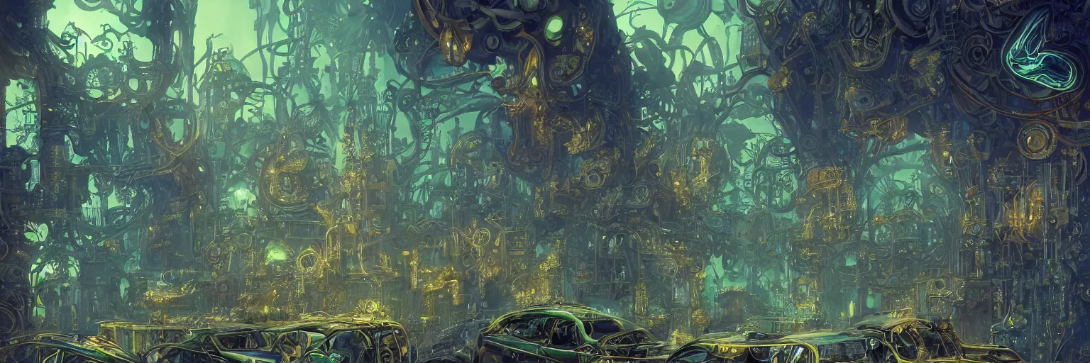 Image similar to Marc Simonetti, Mike Mignola, polished smooth metal with detailed line work, Mandelbrot flowers and trees, Exquisite detail, blue neon details, green neon details, white neon details, hyper detailed, intricate illustration, golden ratio, steampunk, smoke, neon lights, steampunk desert background, liquid polished metal, by peter mohrbacher