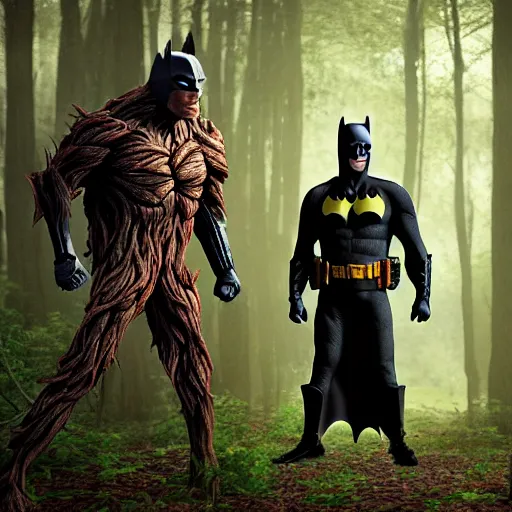 Image similar to batman meets groot in the woods digital art 4 k detailed super realistic