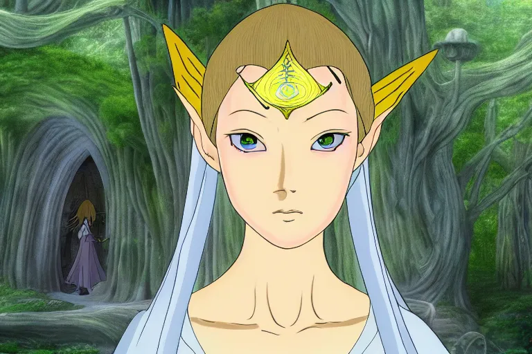 Image similar to tonemapped galadriel by hayao miyazaki, highly detailed,