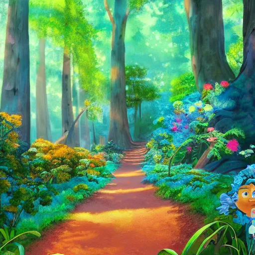 Image similar to a disney background art painting, a wide shot of an enchanted forest with dappled lighting on the ground, tall large trees, foliage and flowers in the underbrush, disney feature animation painting, the art of pixar,